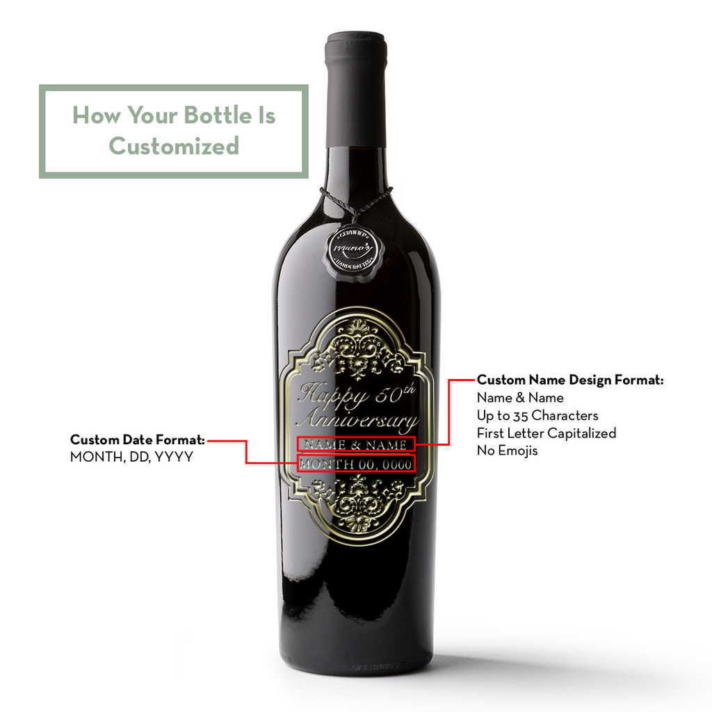 Gold 50th Anniversary Classic Frame Custom Etched Wine Bottle