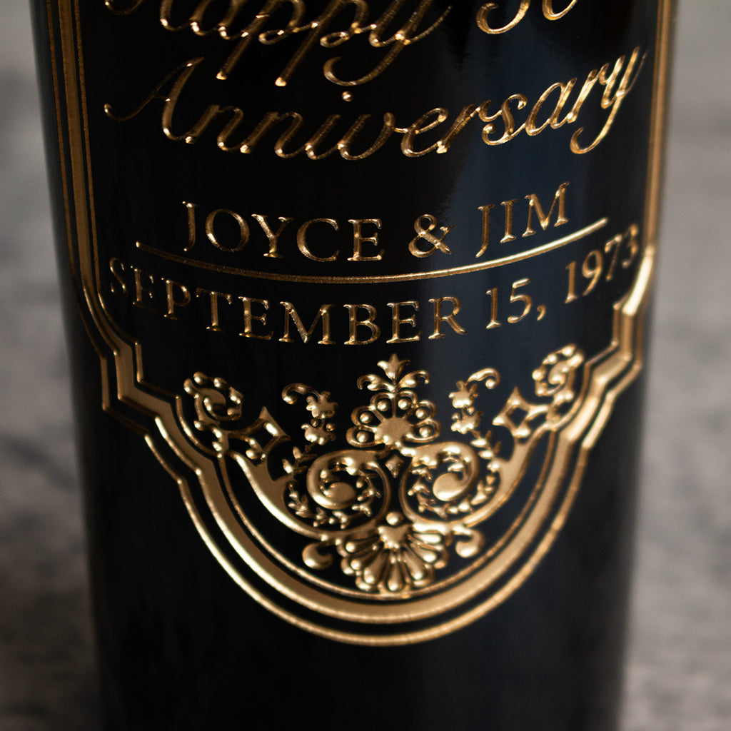 Gold 50th Anniversary Classic Frame Custom Etched Wine Bottle