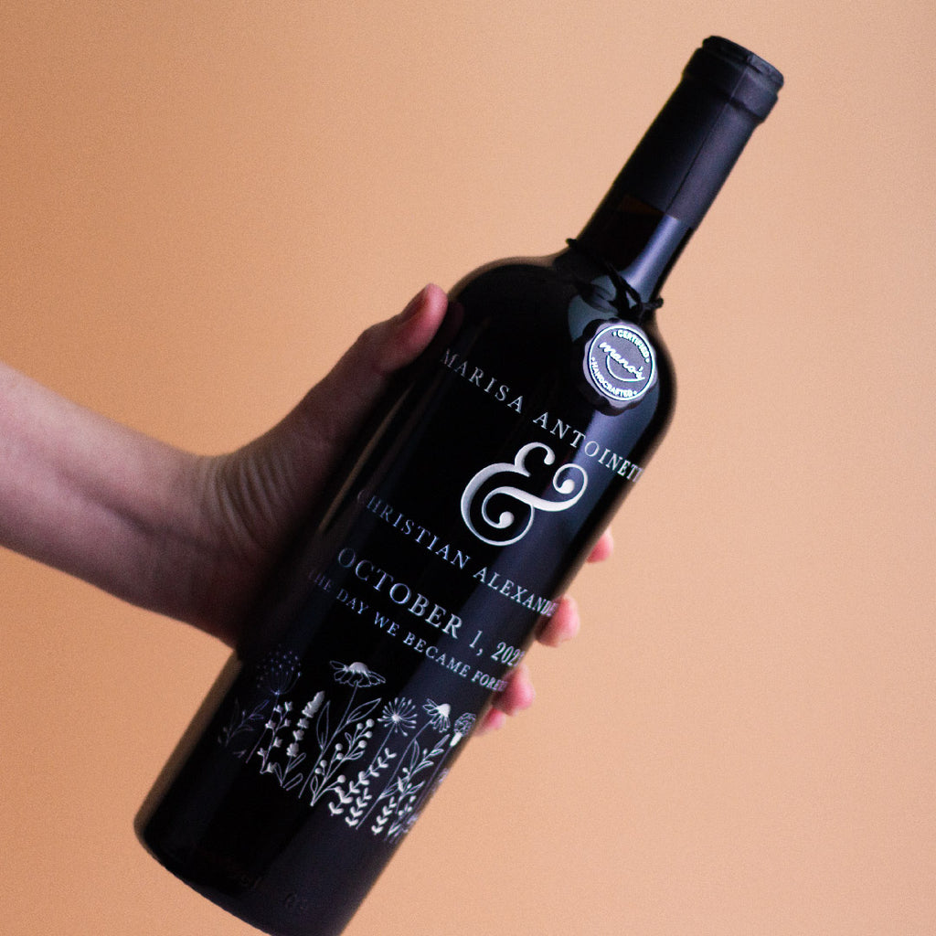 Floral Wedding Custom Etched Wine Bottle