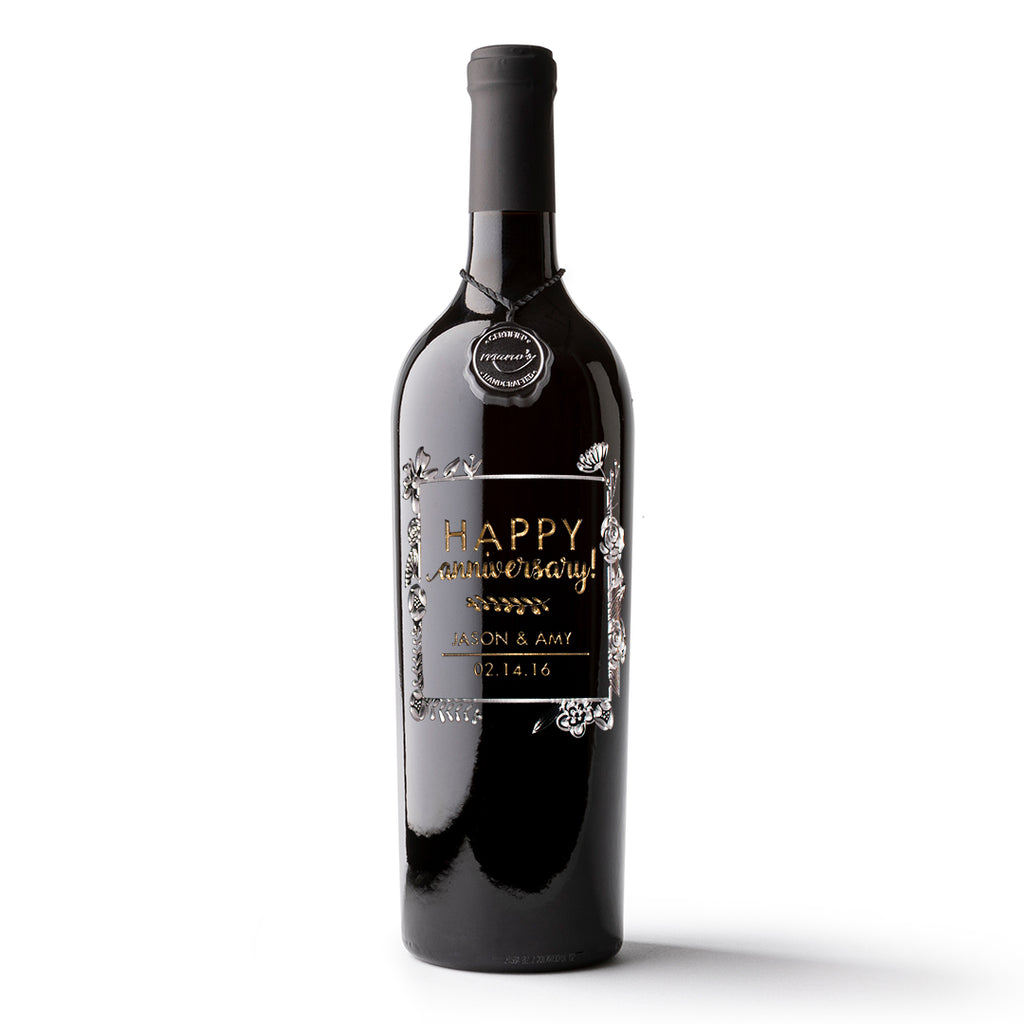 Anniversary Flower Frame Custom Etched Wine Bottle