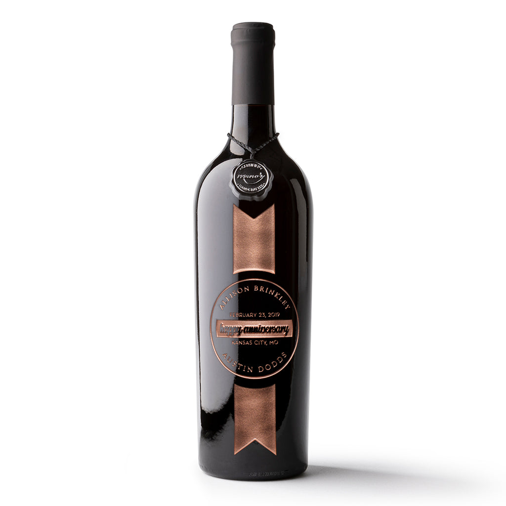 Anniversary Ribbon Custom Etched Wine Bottle