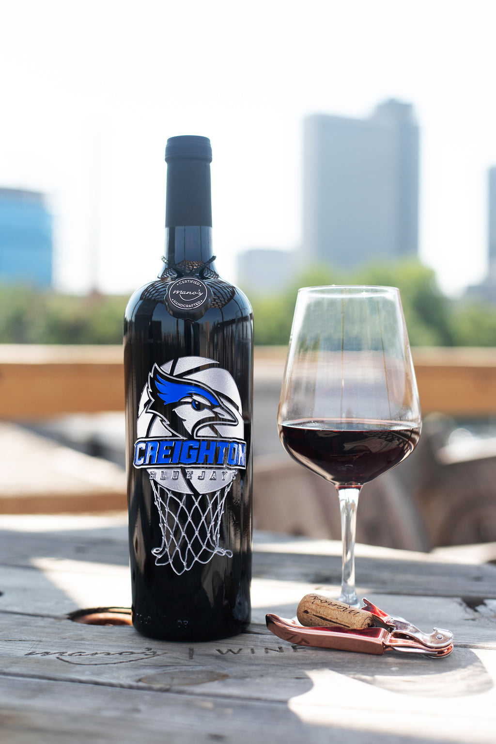 Creighton University Basketball Etched Wine Bottle
