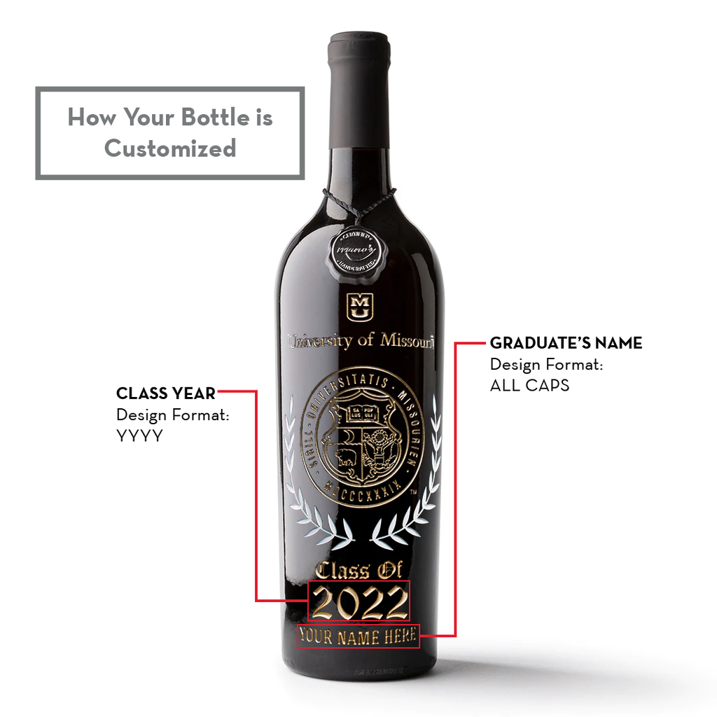 University of Missouri Commemorative Alumni Etched Wine Bottle
