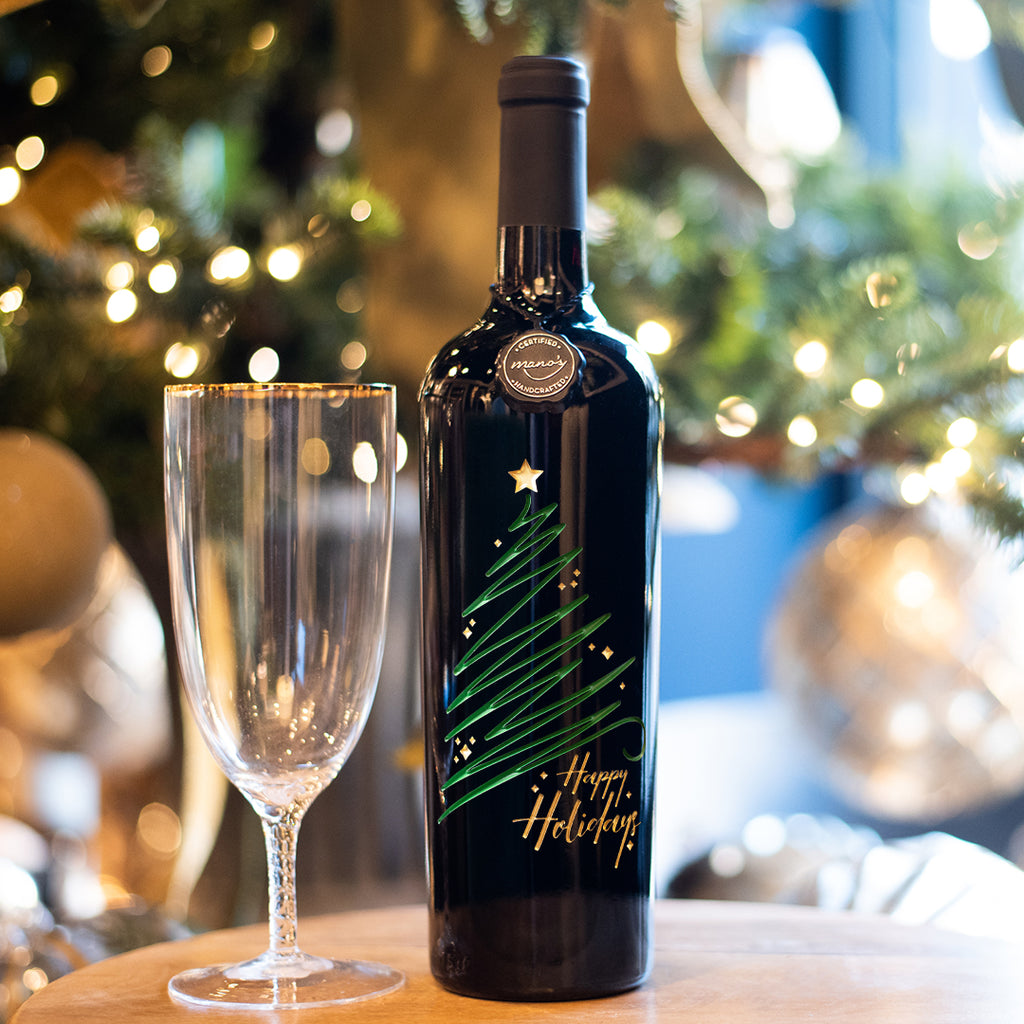 Happy Holidays Sparkle Tree Etched Wine Bottle