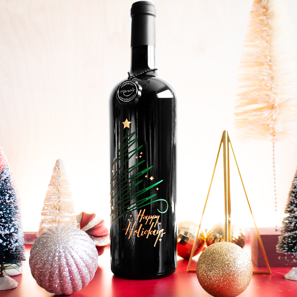Happy Holidays Sparkle Tree Etched Wine Bottle