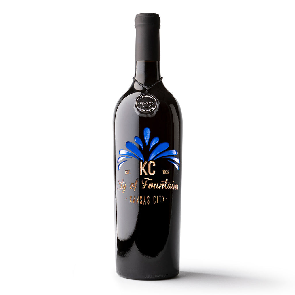 KC City of Fountains Etched Wine Bottle