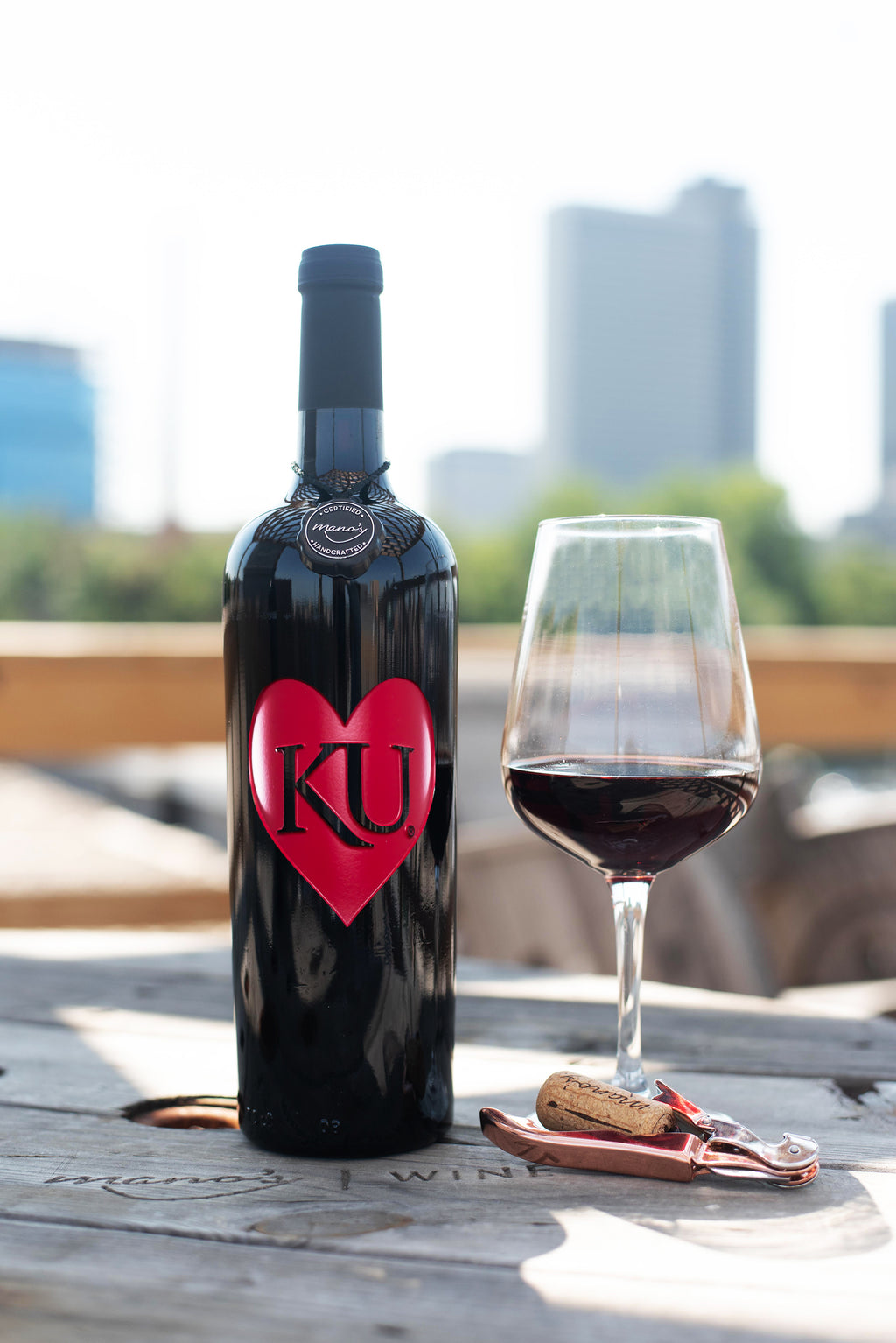 University of Kansas Heart Etched Wine Bottle
