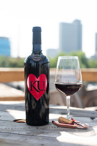 University of Kansas Heart Etched Wine Bottle