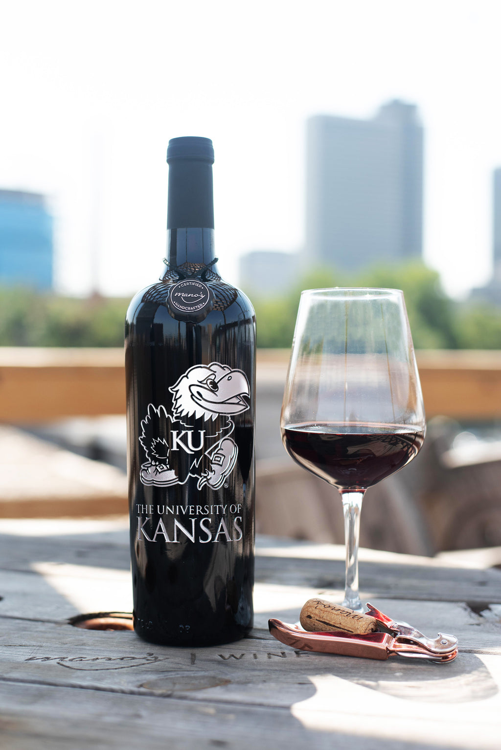 University of Kansas Jayhawk Etched Wine Bottle