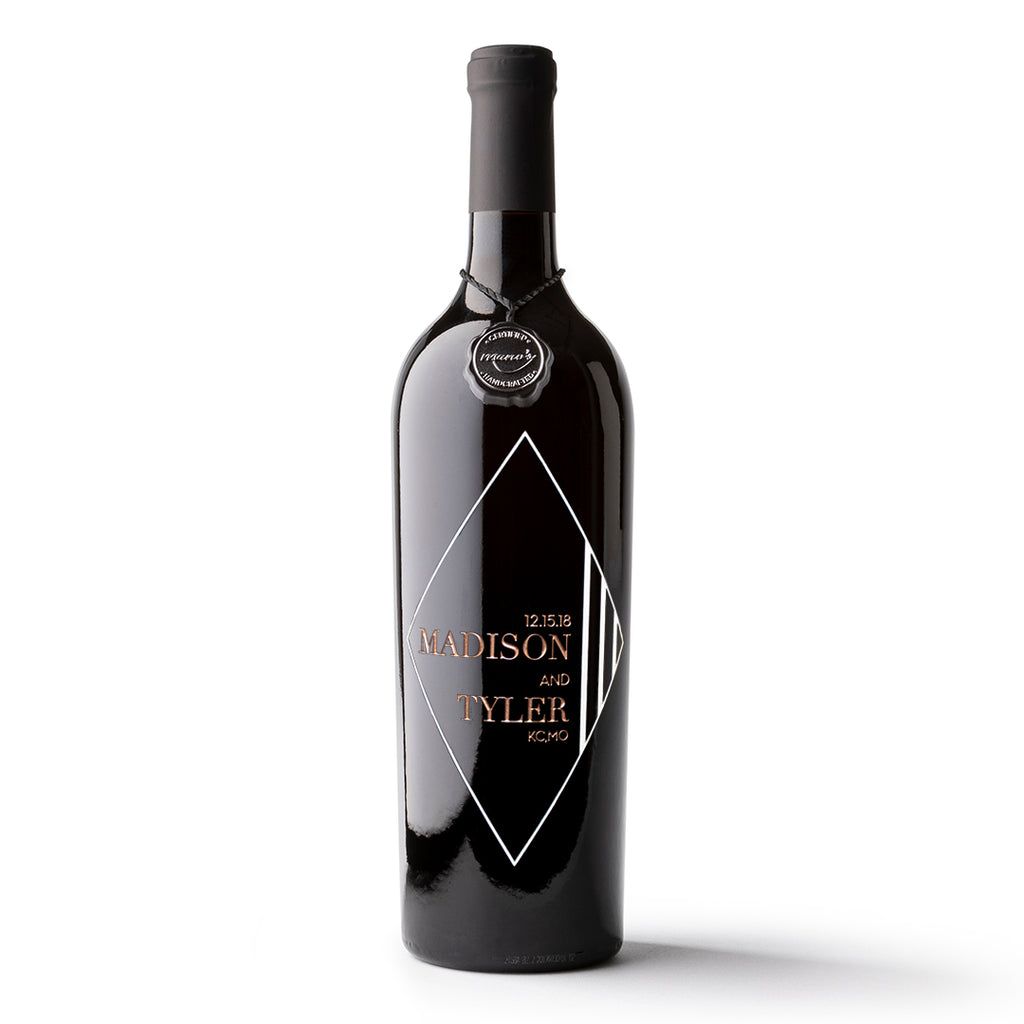 Wedding Diamond Frame Custom Etched Wine Bottle
