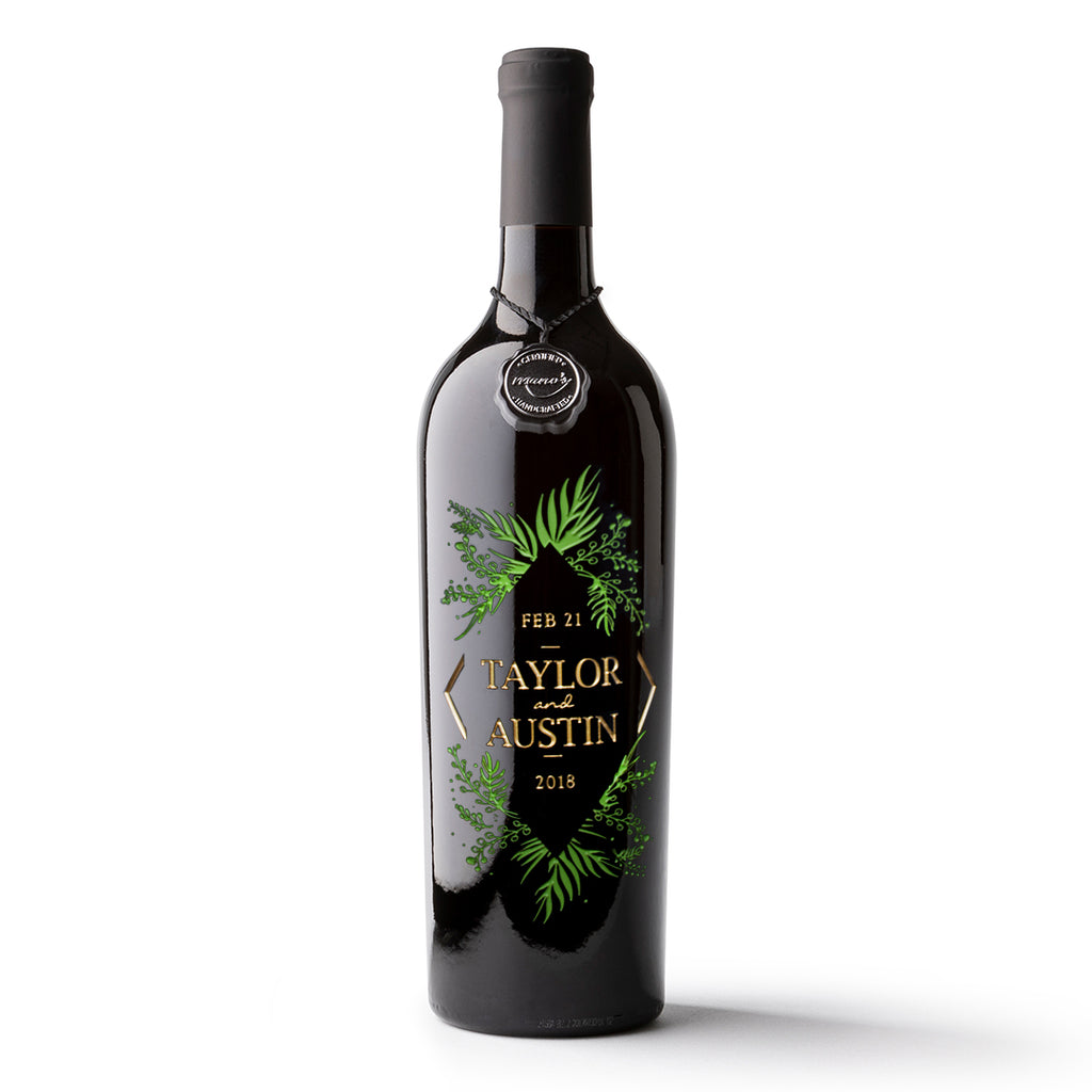 Wedding Foliage Frame Custom Etched Wine Bottle