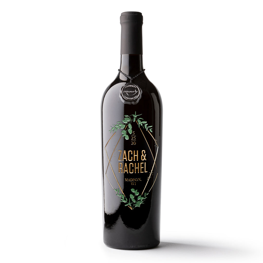 Wedding Foliage Diamond Frame Custom Etched Wine Bottle