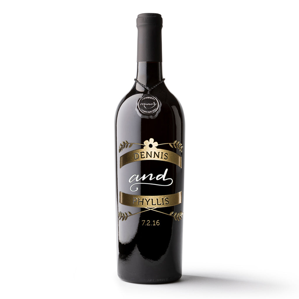 Wedding Emblem Custom Etched Wine Bottle