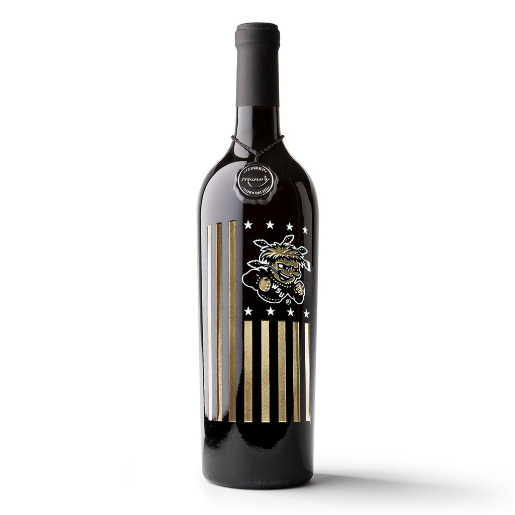 Wichita State University Flag Etched Wine Bottle