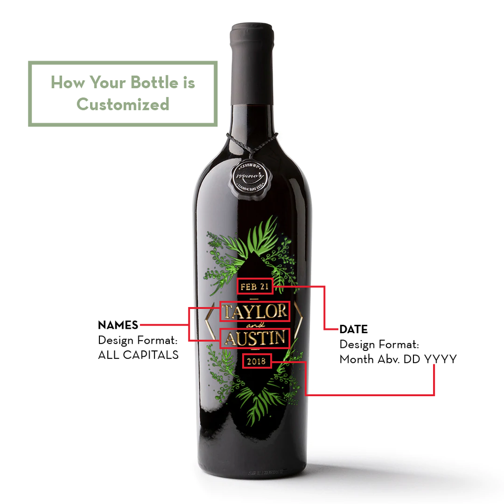 Wedding Foliage Frame Custom Etched Wine Bottle