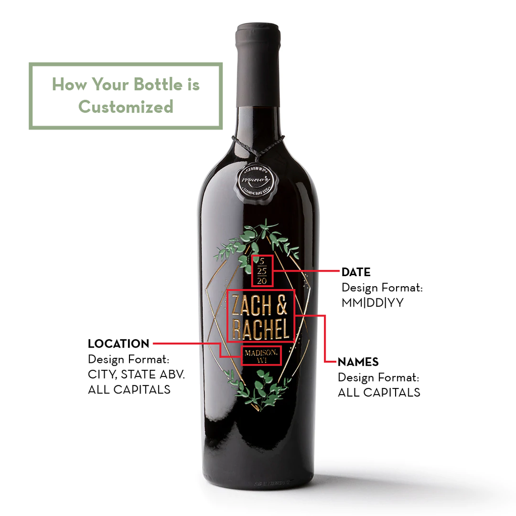 Wedding Foliage Diamond Frame Custom Etched Wine Bottle